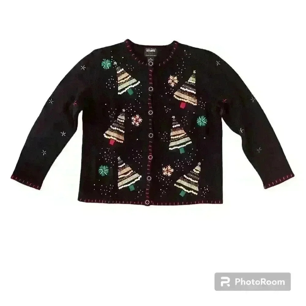 Vintage Christmas Beaded Sequin Sweater Cardigan Size Medium Ugly Christmas